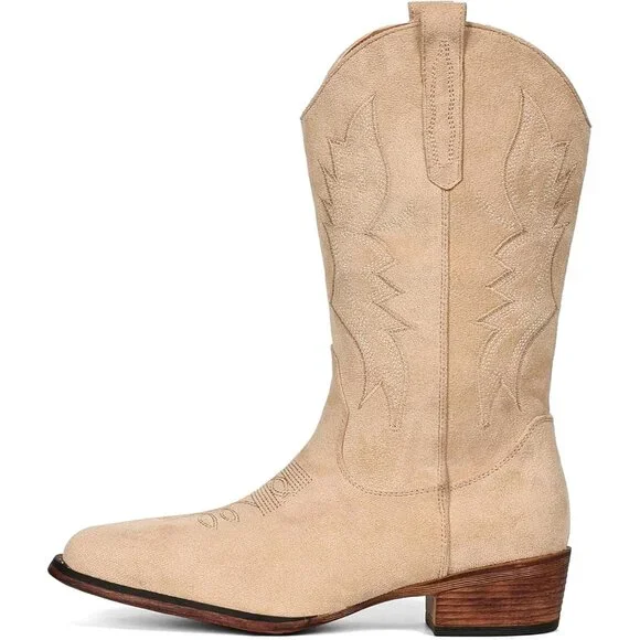 Women's Suede Camel Western Boots Cowgirl Boots Pull On Pointy Toe Mid Calf - Picture 6 of 6